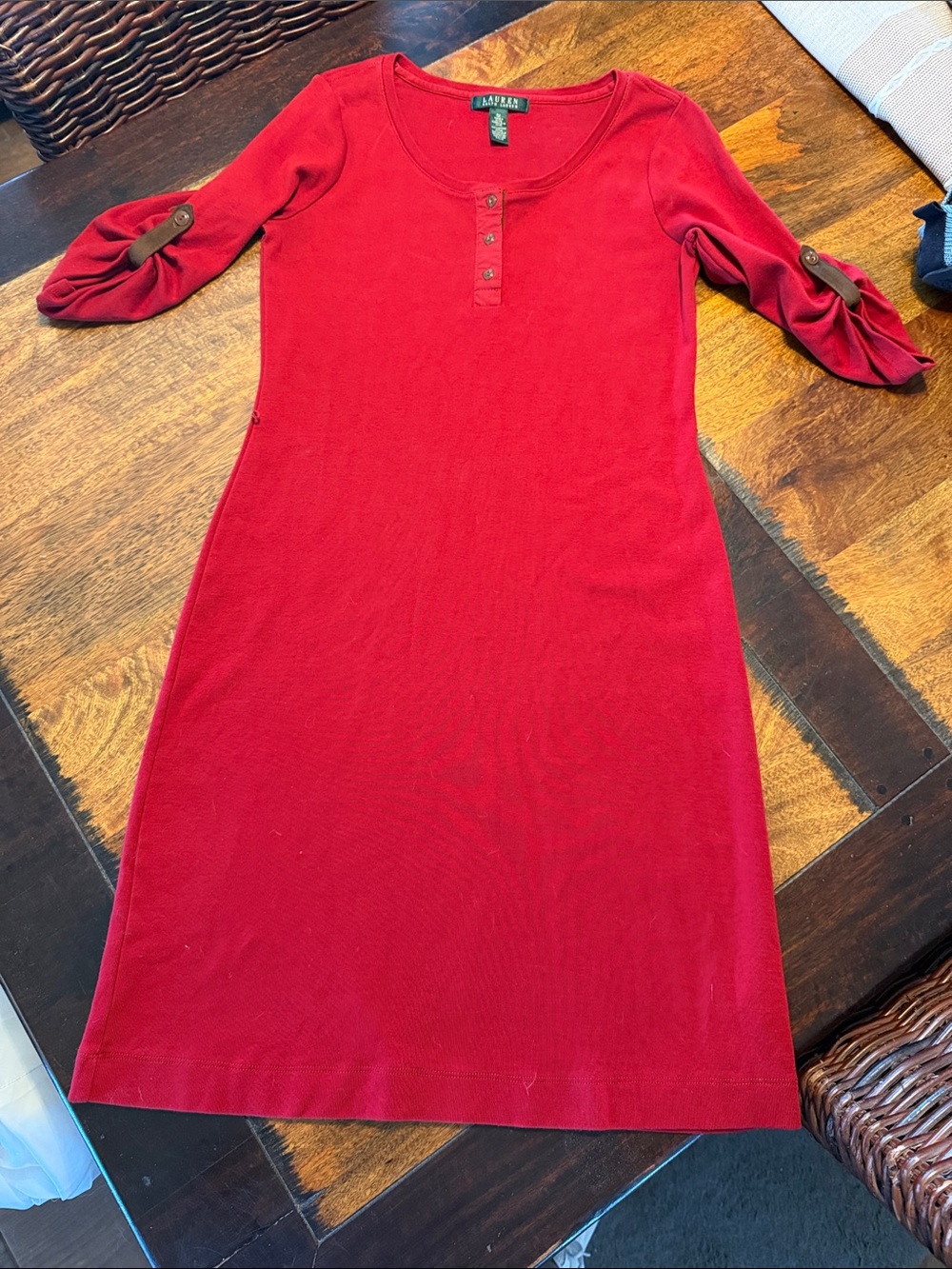 Lauren Ralph Lauren Red Scoop-Neck Knit Dress with Button Placket size Medium